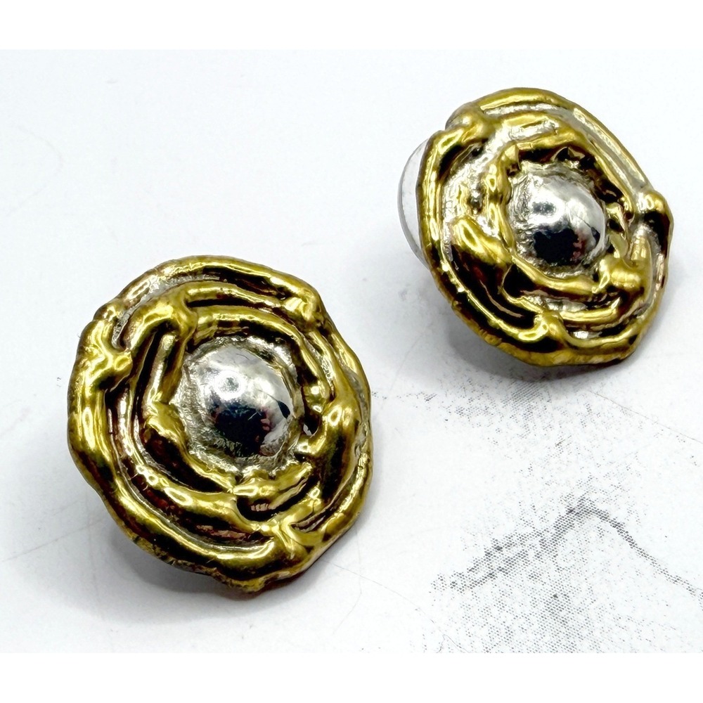 Gold Silver Tone Abstract Stud Earrings 3/4" Textured Modern Brutalist Style